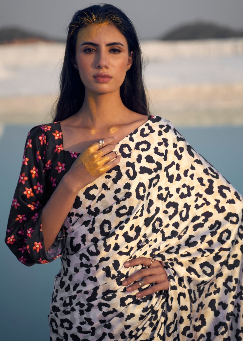 Black and White Leopard Print Crepe Silk Saree