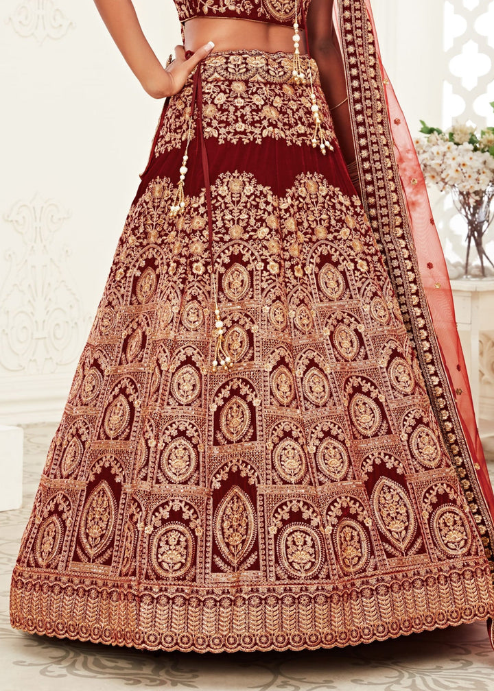 Red Velvet Lehenga With Thread, Zari, Dori and Sequins Embroidery Work
