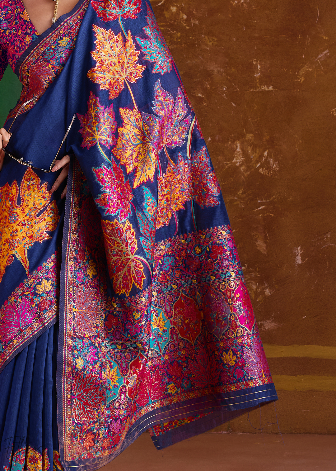 Navy Blue with Multicolour Floral Weave Saree