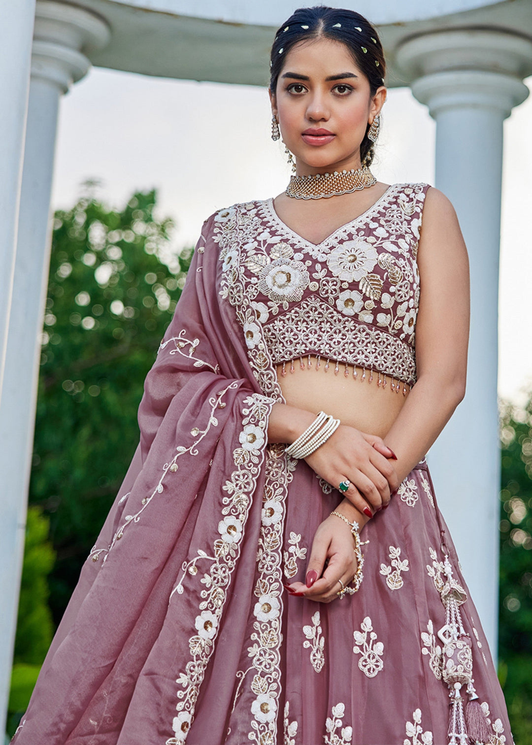 Lavender Organza Lehenga Choli with Beads & Sequince Embroidered