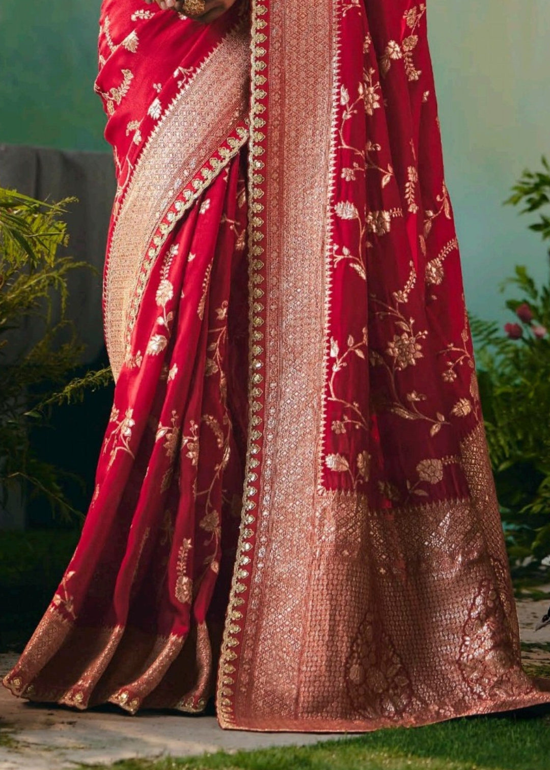 Deep Red Pure Viscose Dola Silk Saree with Zari Weaving & Embroidered Blouse