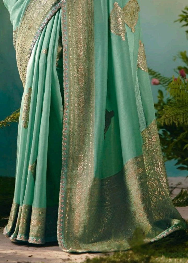 Sea Green Pure Viscose Dola Silk Saree with Zari Weaving & Embroidered Blouse