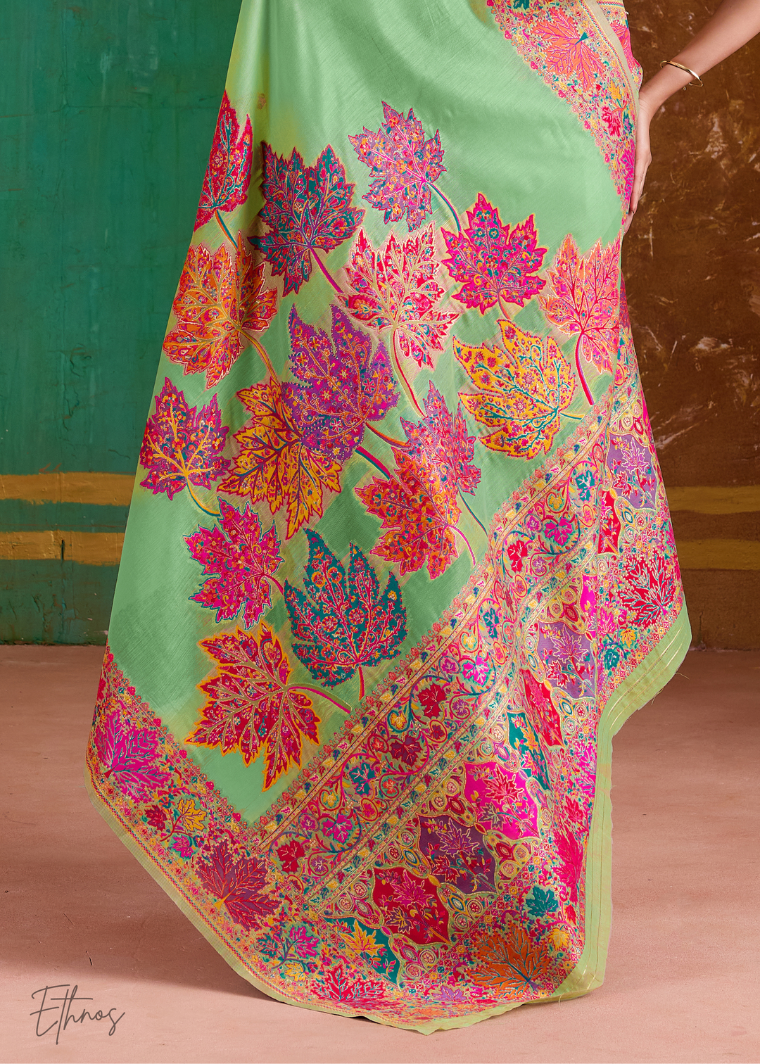 Pistachio Green with Multicolour Floral Weave Saree