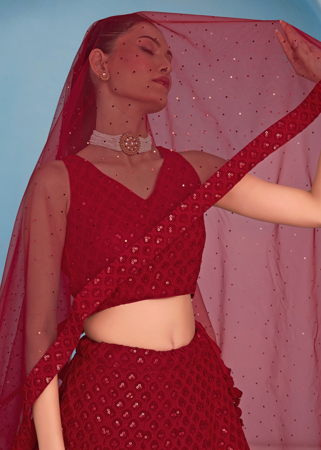 Red Georgette Lehenga With Dupatta