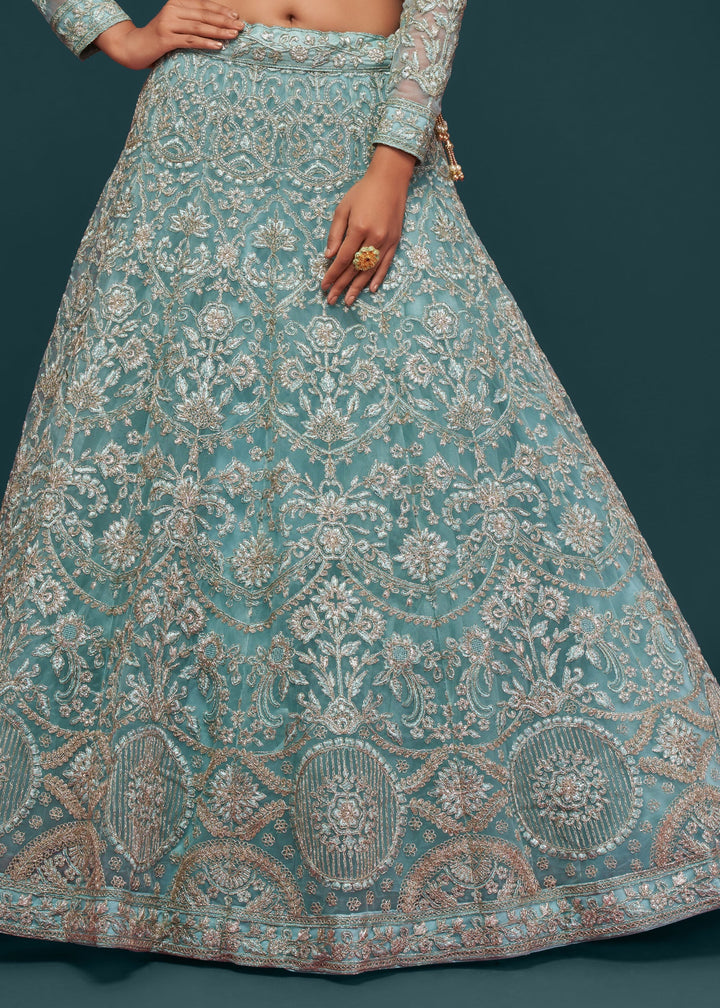 Ocean Aqua Soft Net Lehenga with Thread, Zari, Badla and Glitter Dori Embroidery Work