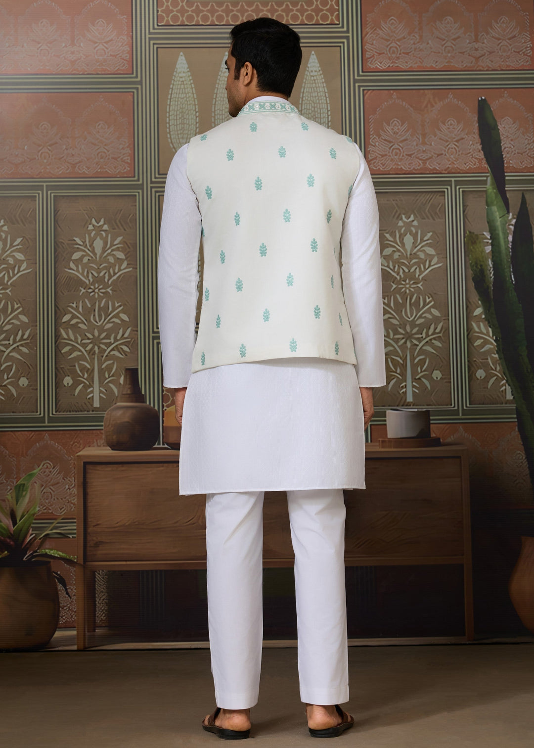White Kurta And Pant With Soft Pastel Mint Green And White Embroidered Nehru Jacket