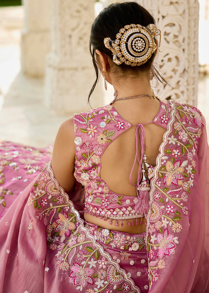 Pink Organza Lehenga Choli with Beads & Sequince Embroidered