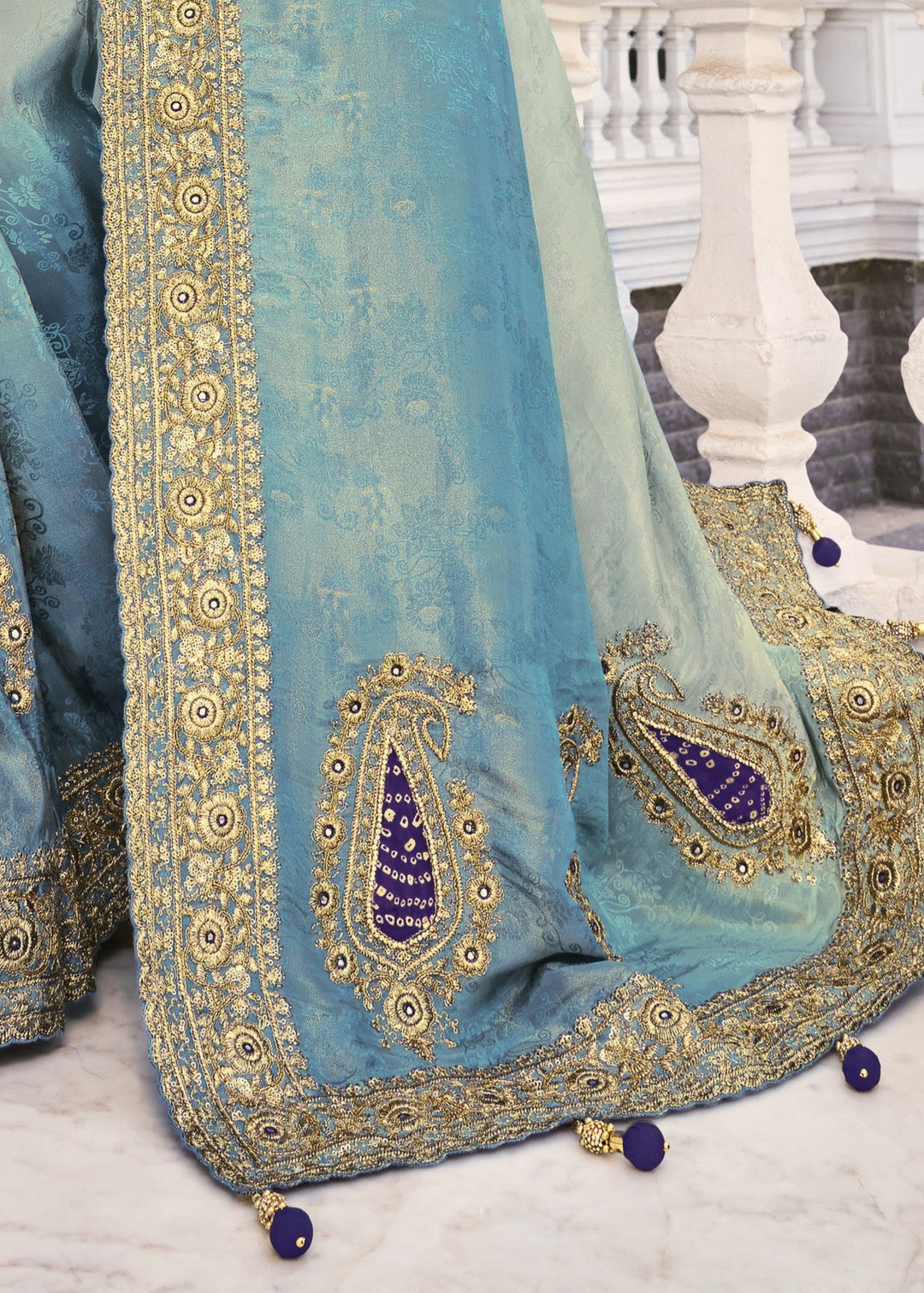 Grey Blue Crepe Silk Saree