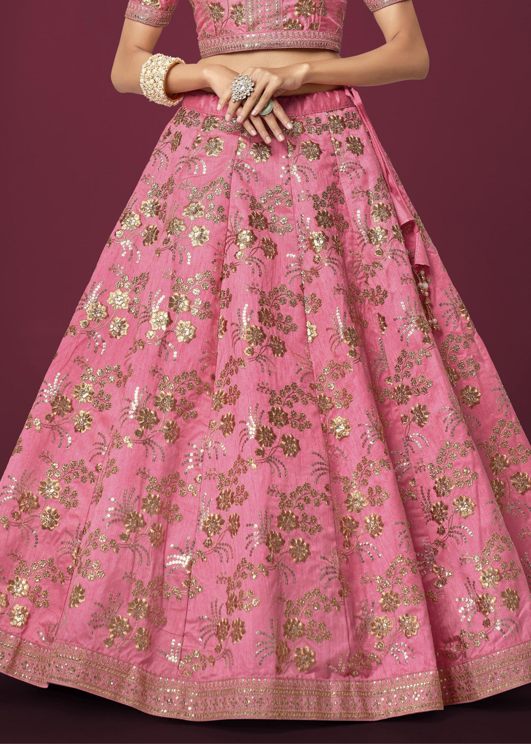 Pink Slub Silk Lehenga with Zari Sequins and Dori Embroidery Work