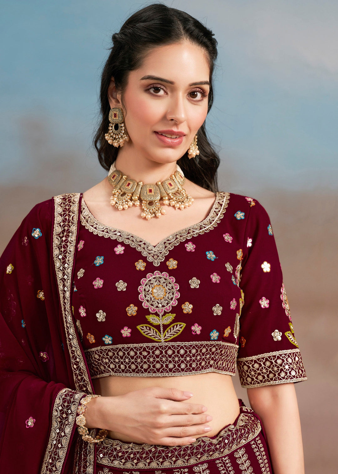 Maroon Georgette Lehenga With Dupatta