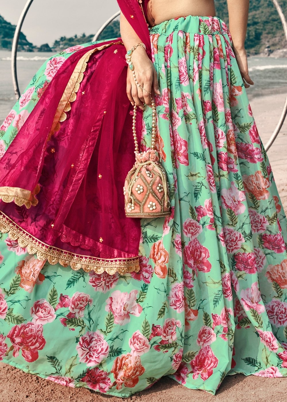 Teal Blue & Green Printed Organza Lehenga