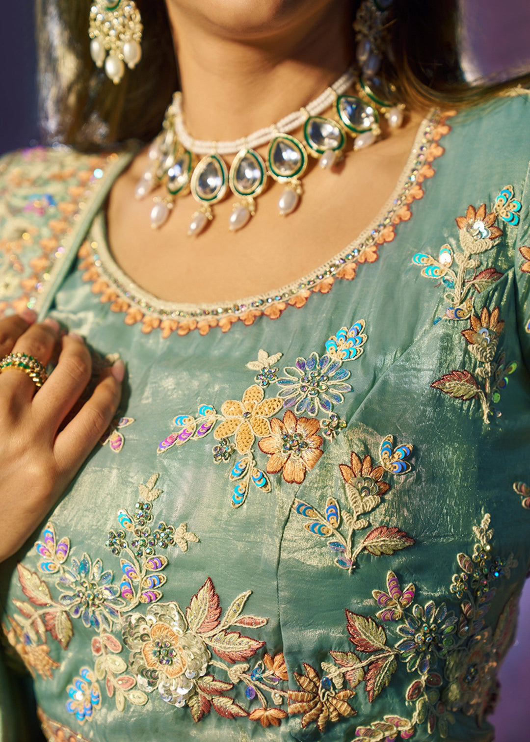 Torquise Dori Sequins Thread work Organza Lehenga