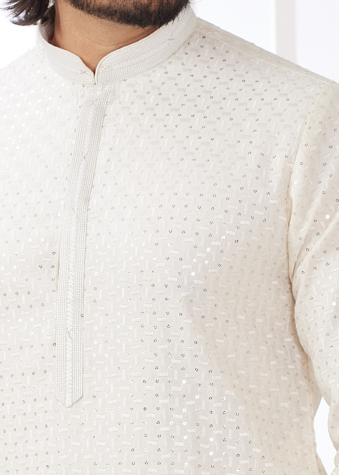Pearl White Silk Kurta Set With Thread Embroidery Work