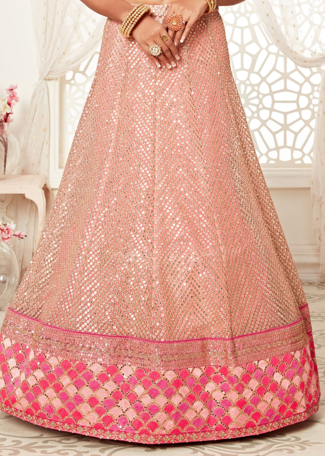 Pink Soft Net Lehenga With Zari, Dori, Thread And Sequins Floral Embroidery
