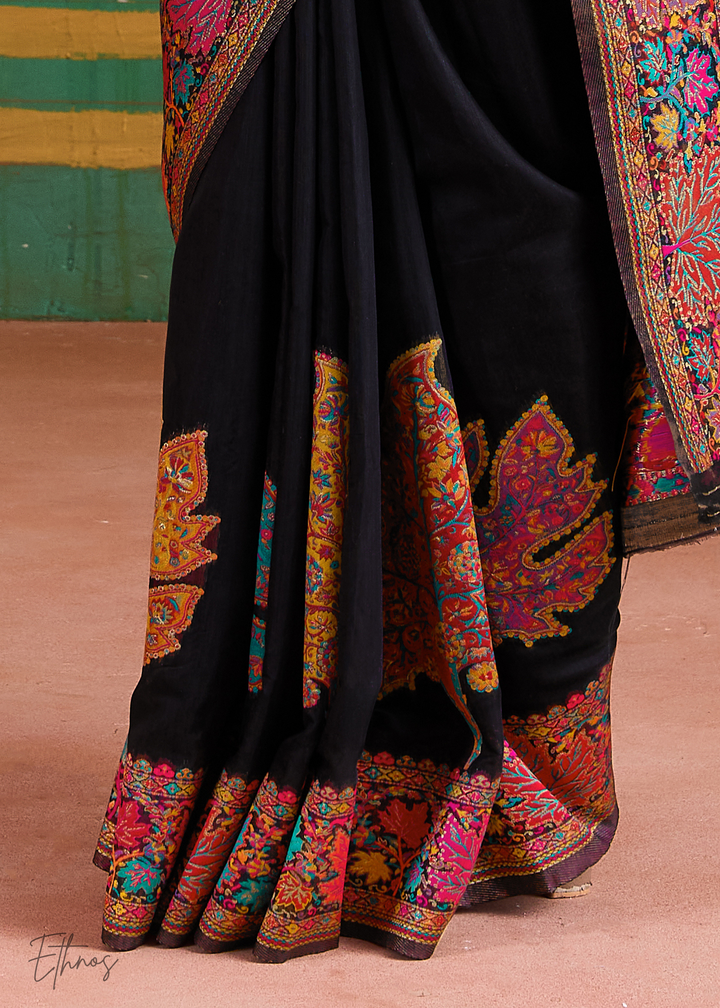 Midnight Black with Rich Multicolour Floral Weave Saree