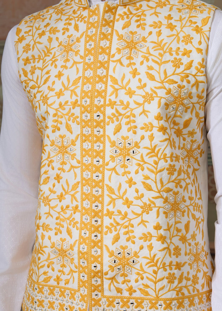 White Kurta And Pant With Sunflower Yellow Embroidered Nehru Jacket