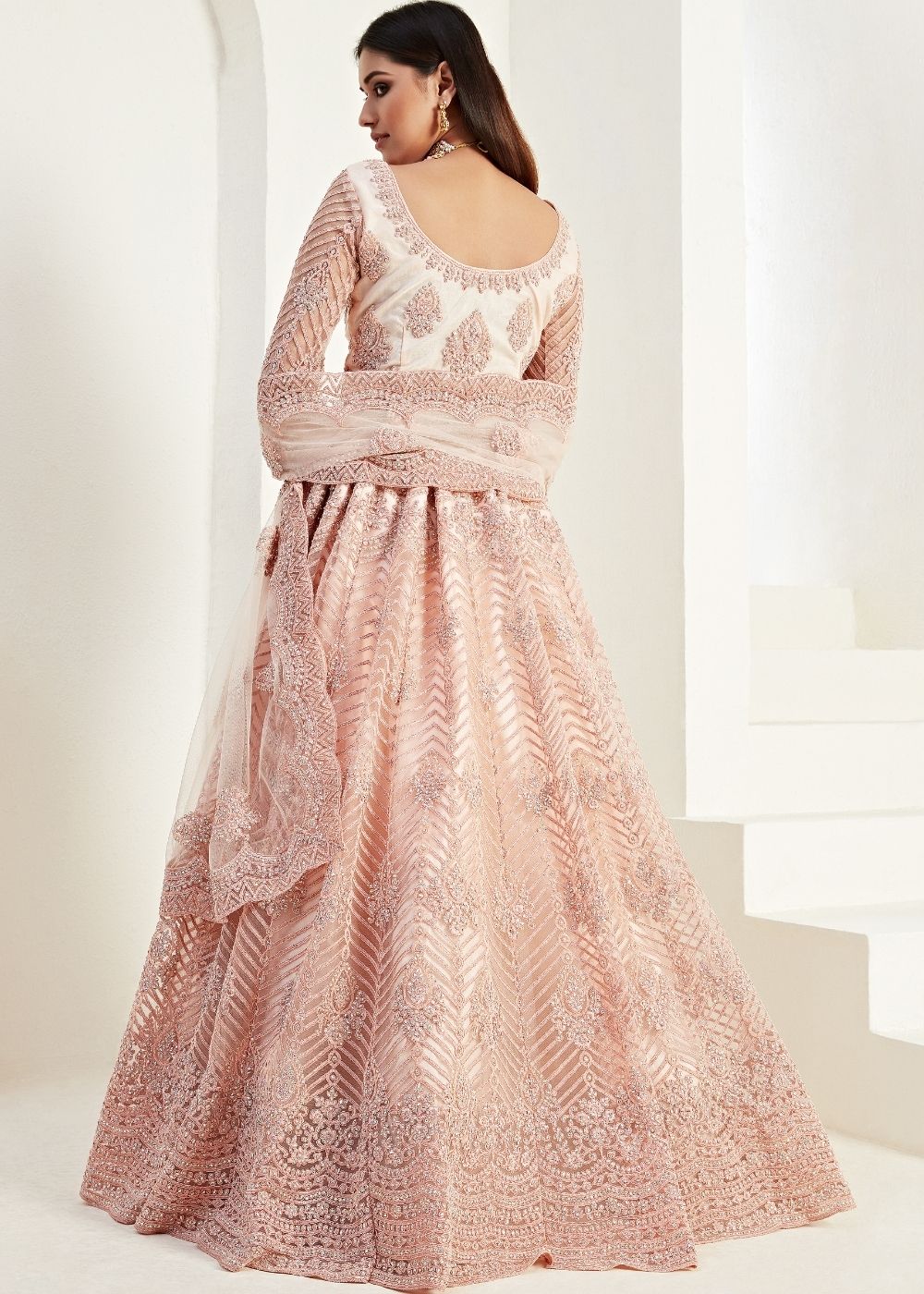 Peach Pink Soft Net Lehenga Choli with Coding Embroidery & Stonework