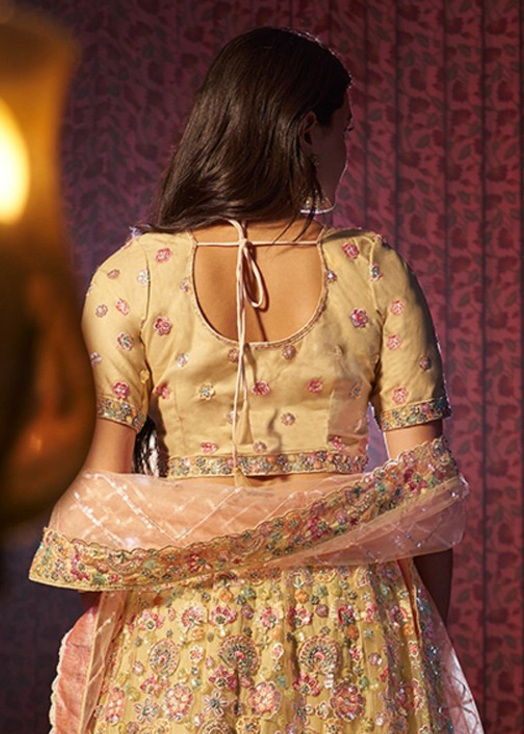 Beige Sequins Thread work Net Lehenga