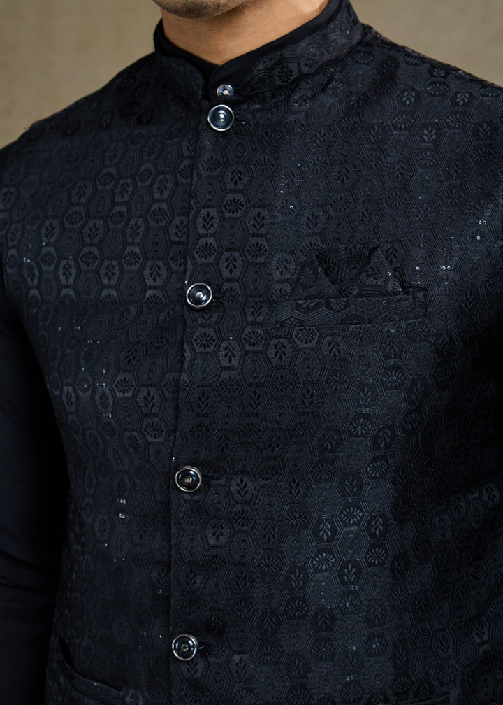 Black Mens Wear Koti Style with Kurta and Pajama