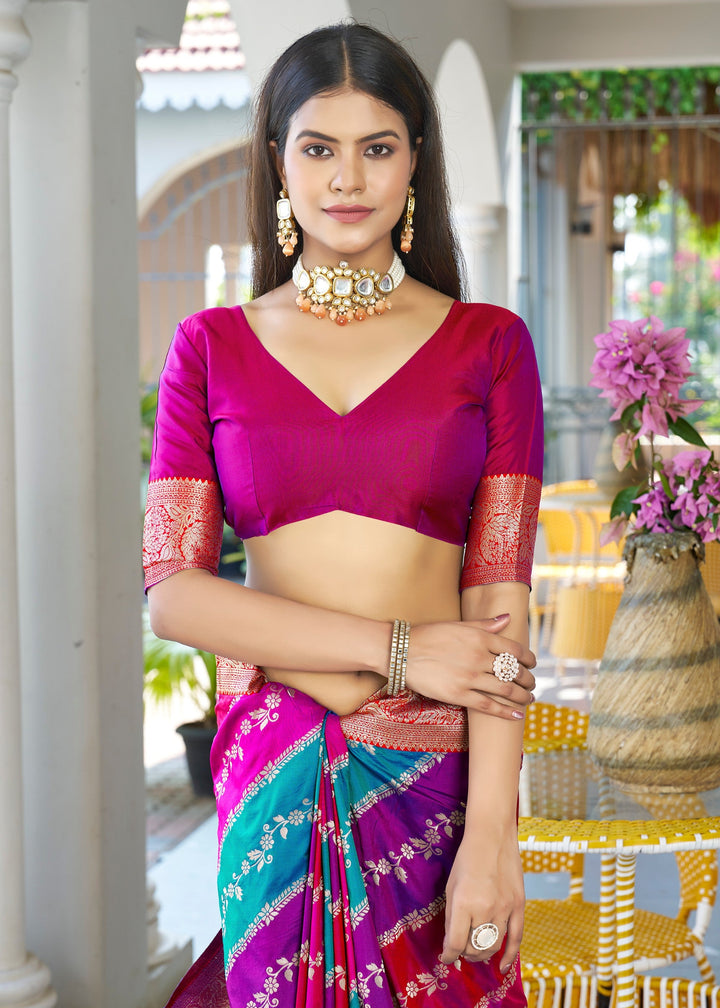 Pink Leriya Zari Woven Banarasi Silk Saree With Contrast Pallu