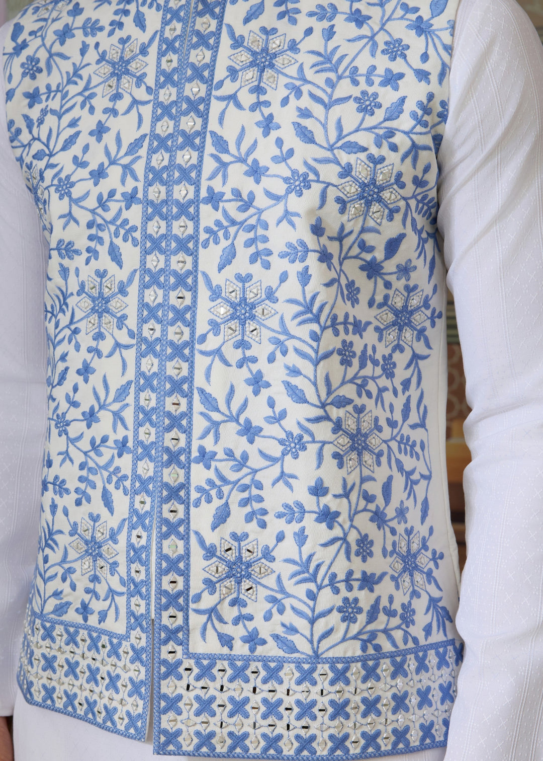 White Kurta And Pant With Soft Powder Blue And White Embroidered Nehru Jacket