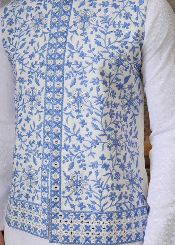 White Kurta And Pant With Soft Powder Blue And White Embroidered Nehru Jacket