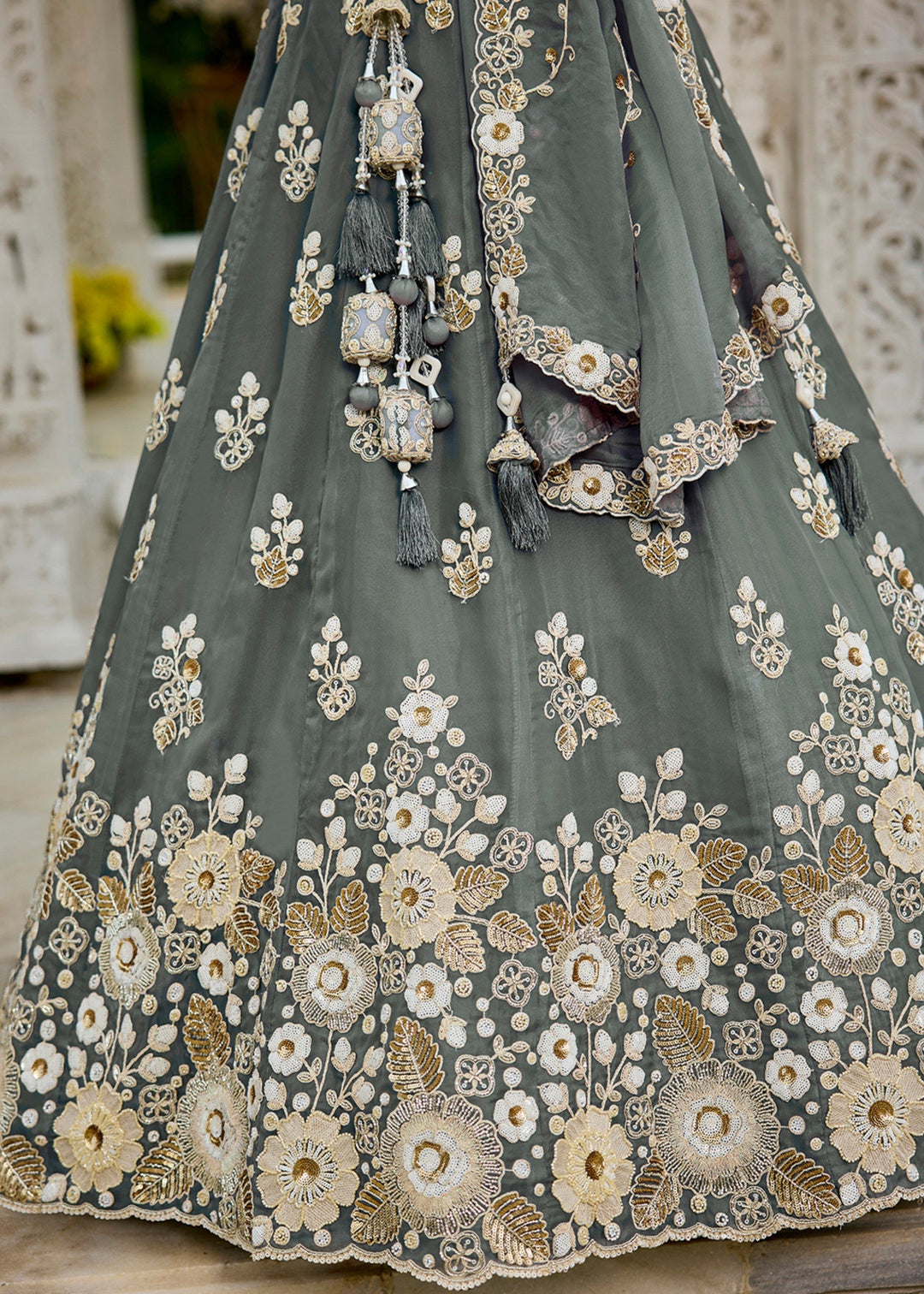 Grey Organza Lehenga Choli with Beads & Sequince Embroidered