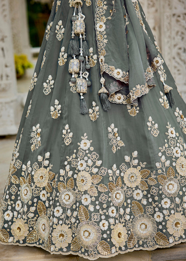 Grey Organza Lehenga Choli with Beads & Sequince Embroidered