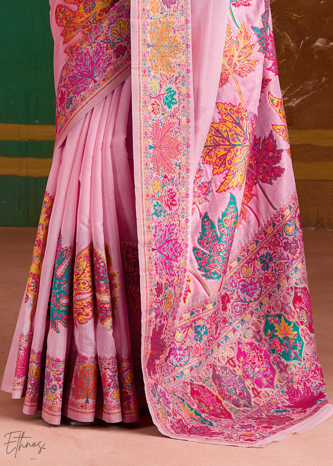 Blush Pink with Multicolour Floral Weave Saree