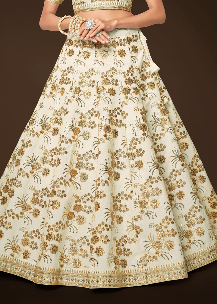 White Slub Silk Lehenga with Zari Sequins and Dori Embroidery Work