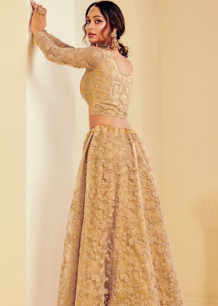 Golden Brown Soft Net Lehenga Choli with Cording Embroidery & Stone work