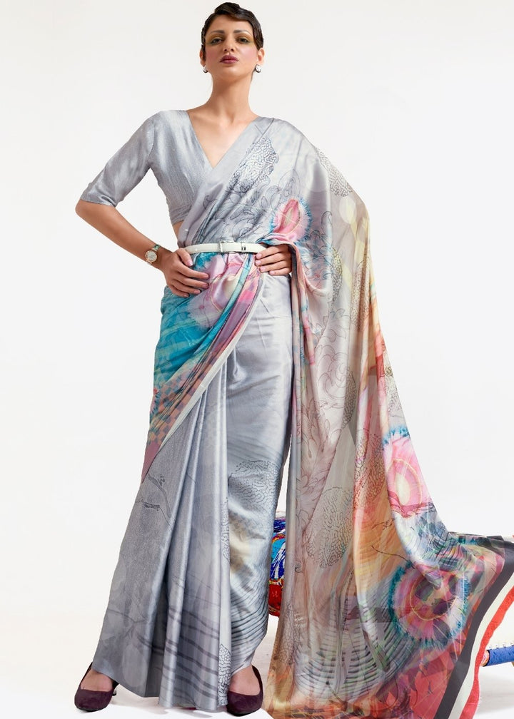 Silver Grey Printed Satin Crepe Saree