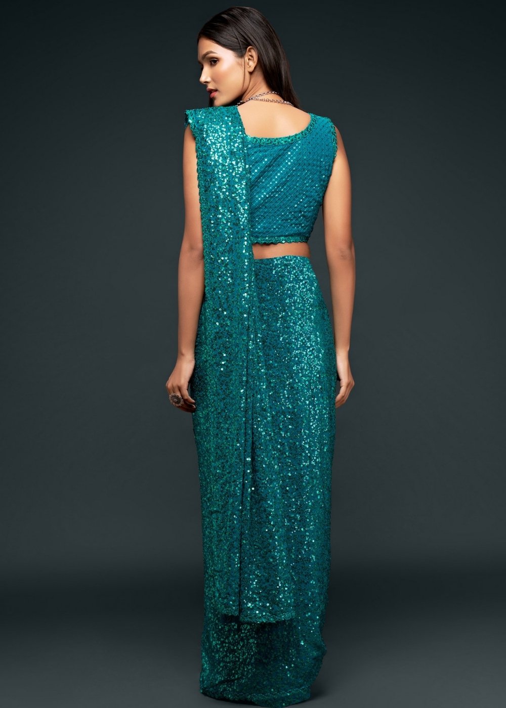 Dark Teal Blue Designer Georgette Saree