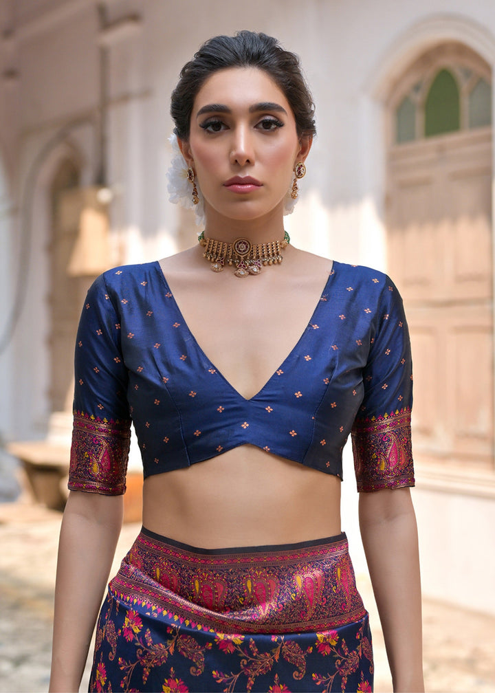 Navy Blue Thread Woven Jal & Flower Silk Saree With Thread Woven Pallu