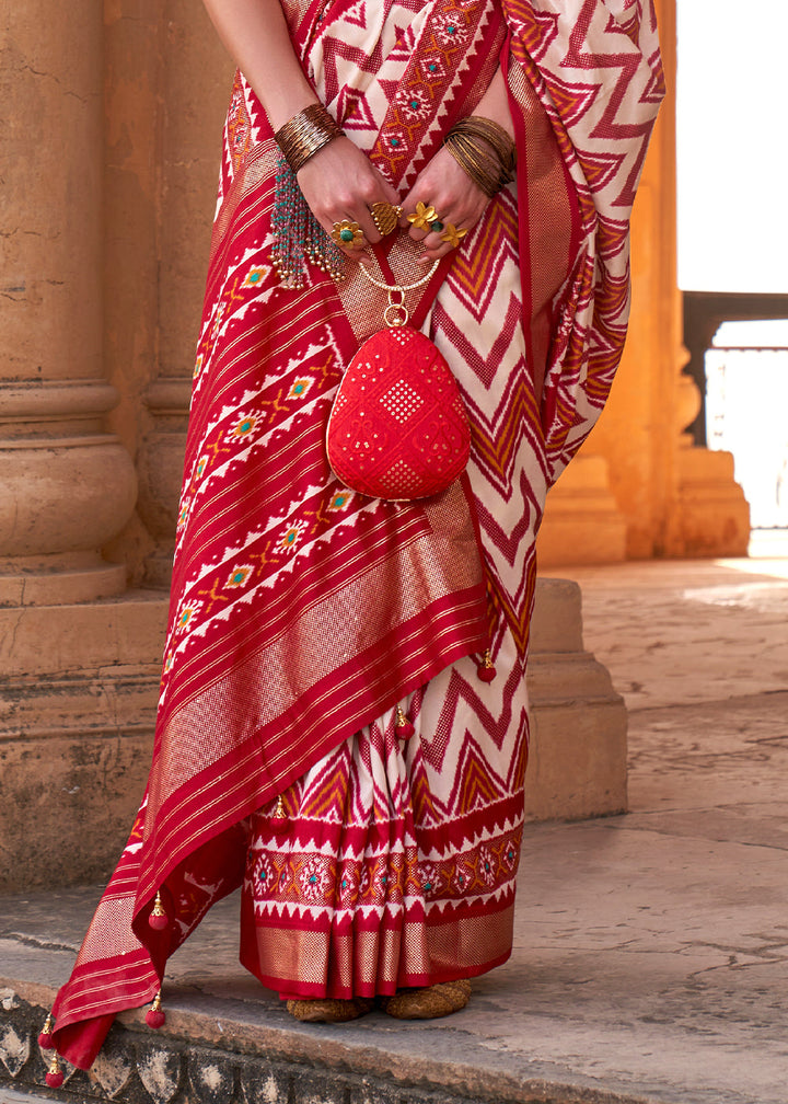 White & Red Designer Printed Silk Saree