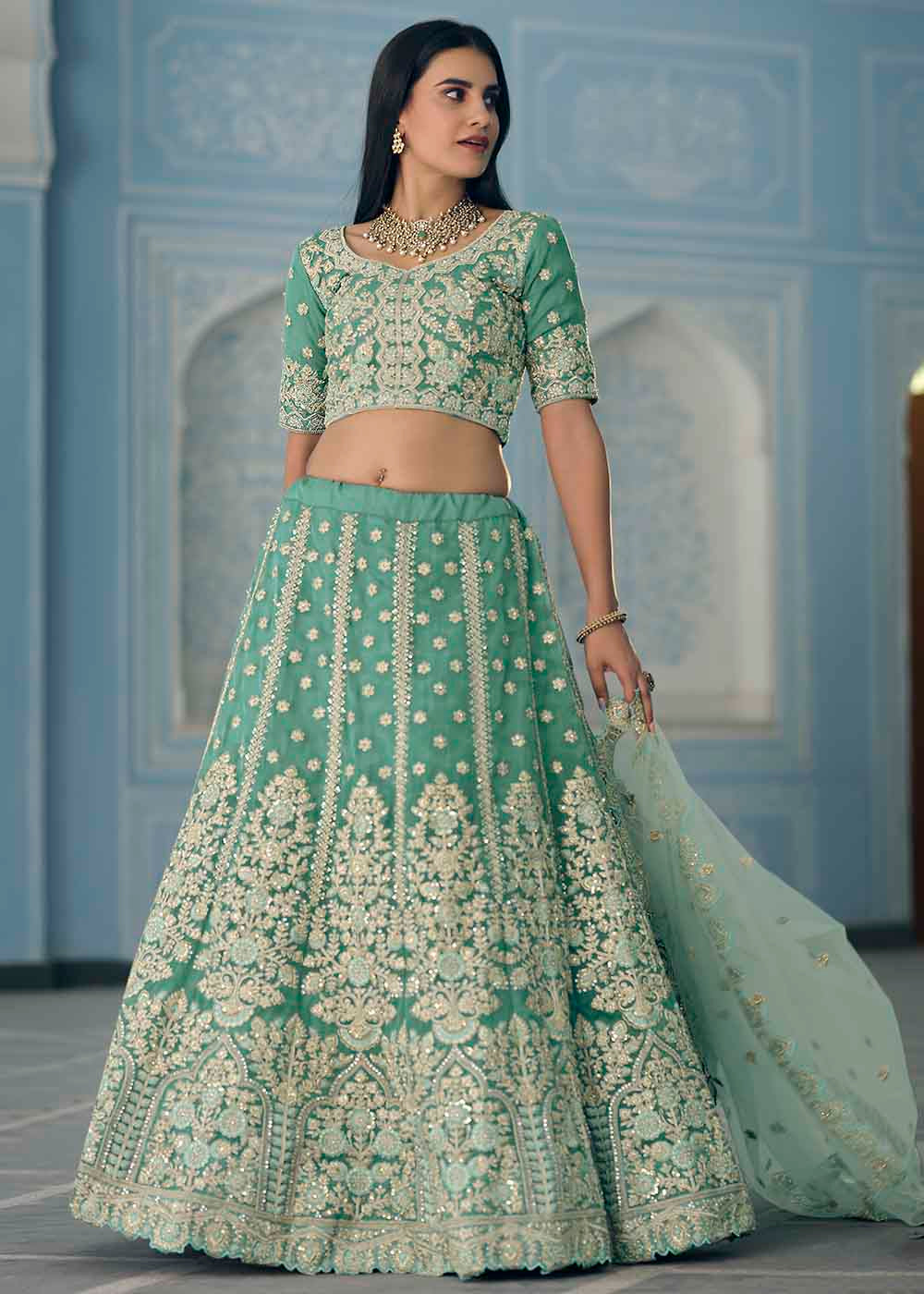 Turquoise Green Organza Lehenga Choli