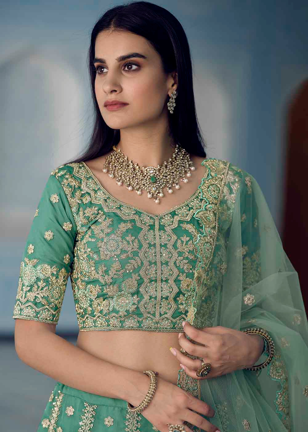 Turquoise Green Organza Lehenga Choli