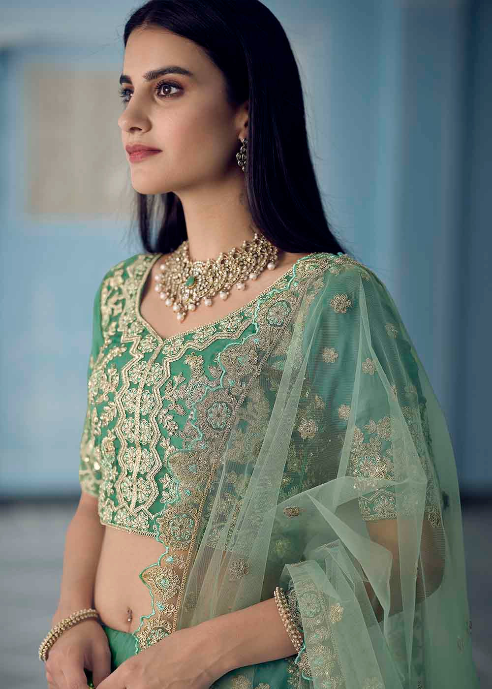 Turquoise Green Organza Lehenga Choli