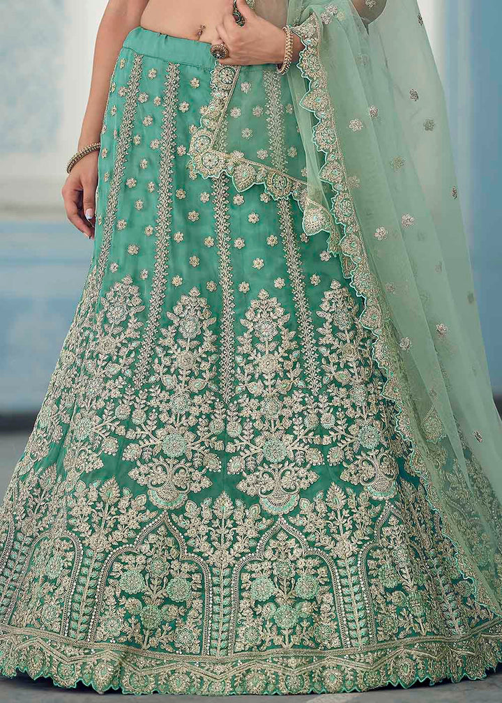 Turquoise Green Organza Lehenga Choli