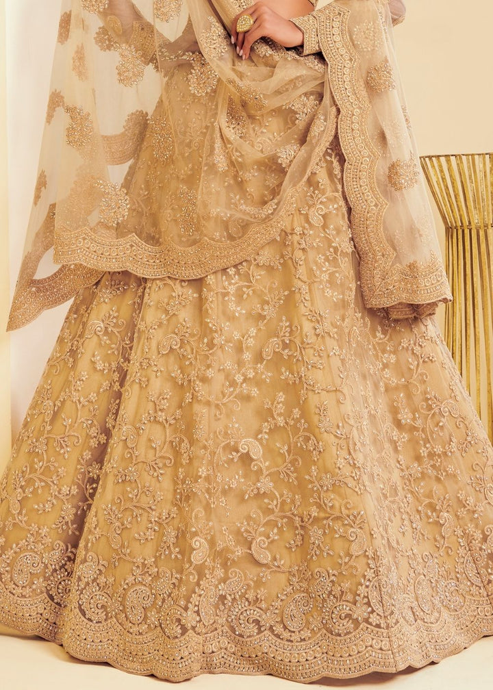 Golden Brown Soft Net Lehenga Choli with Cording Embroidery & Stone work