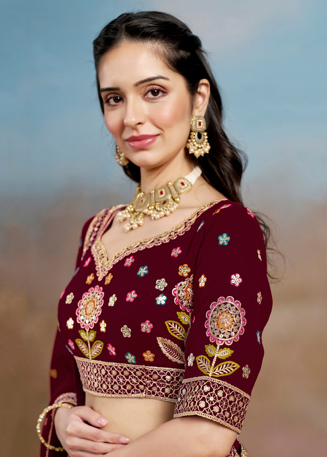 Maroon Georgette Lehenga With Dupatta
