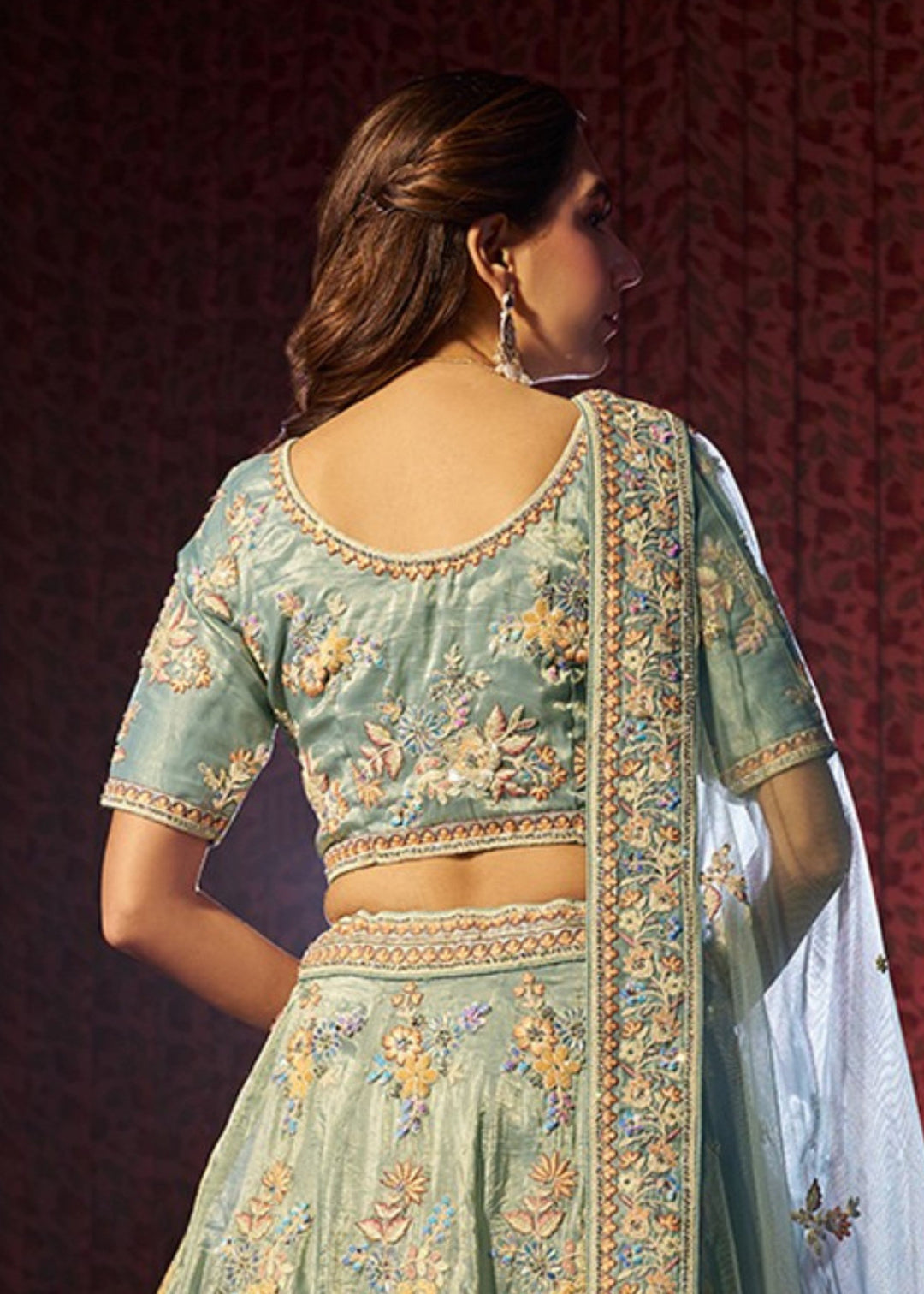 Torquise Dori Sequins Thread work Organza Lehenga