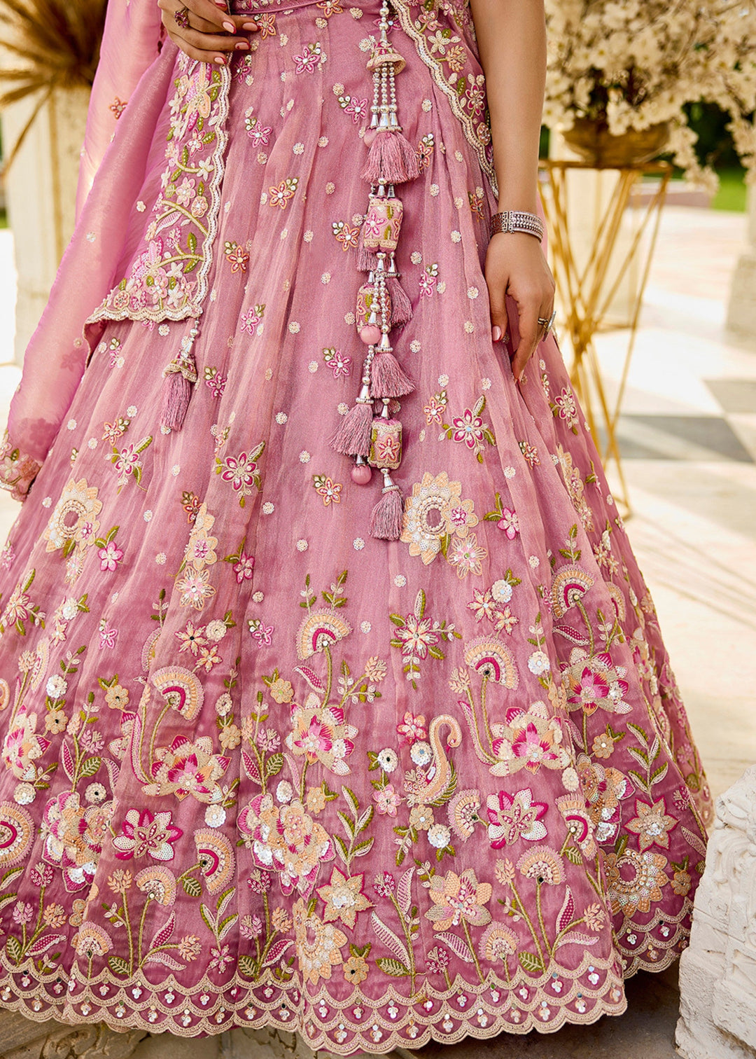Pink Organza Lehenga Choli with Beads & Sequince Embroidered