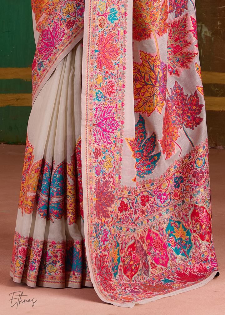 Warm Beige with Multicolour Floral Weave Saree