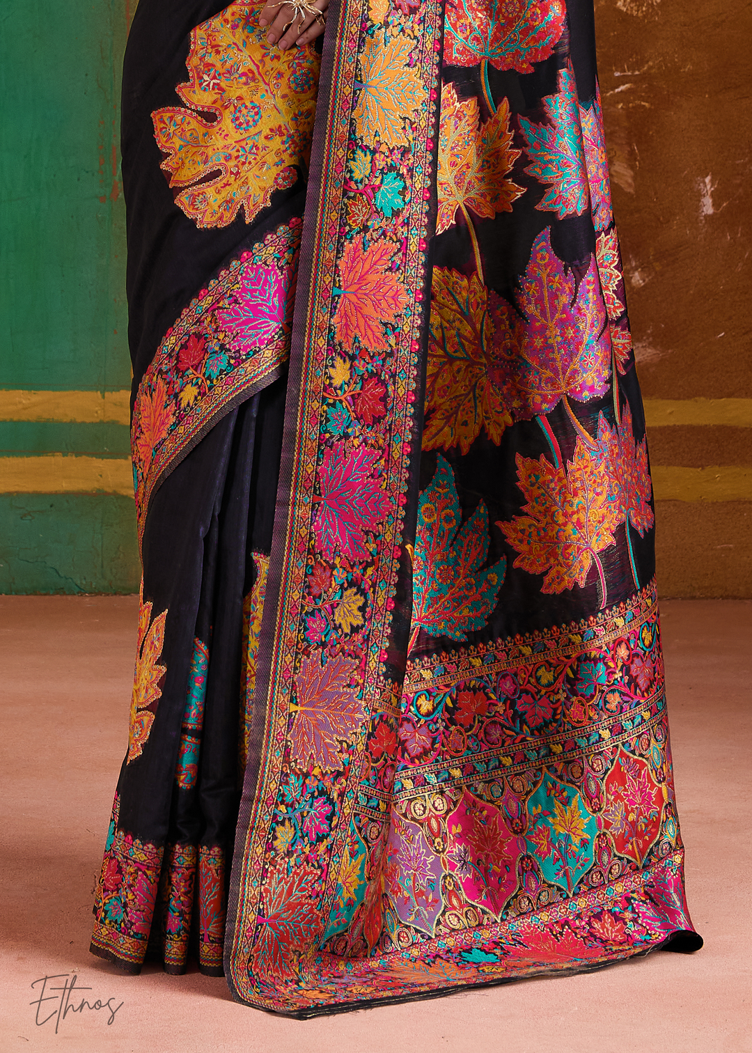 Midnight Black with Rich Multicolour Floral Weave Saree