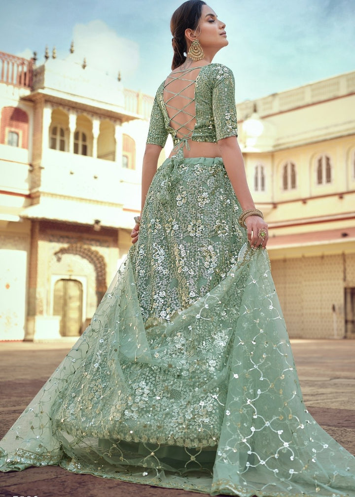 Frog Green Soft Net Lehenga Choli with Sequins, Thread & Stone work