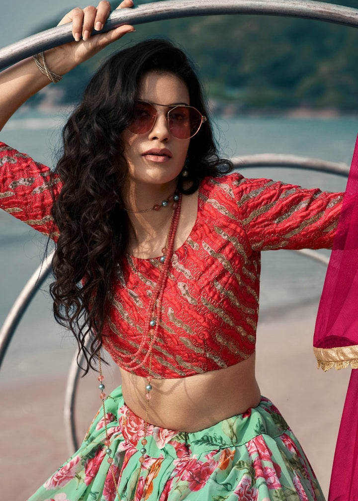 Teal Blue & Green Printed Organza Lehenga