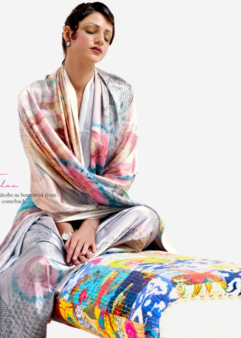 Silver Grey Printed Satin Crepe Saree