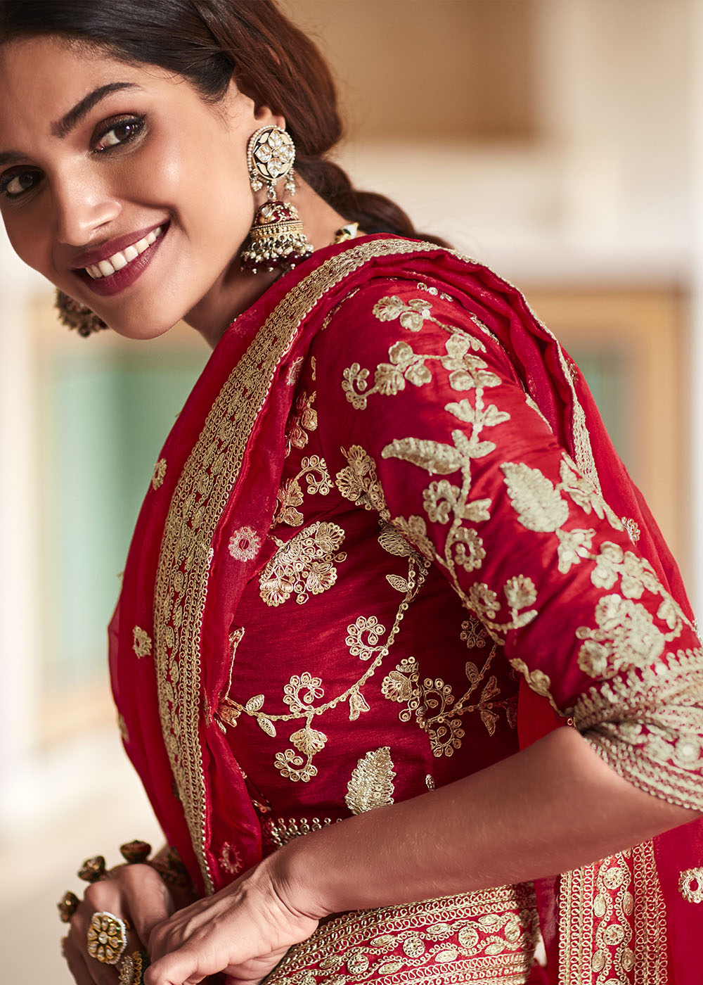 Candy Red Organza Saree with Zari, Sequins & Dori work