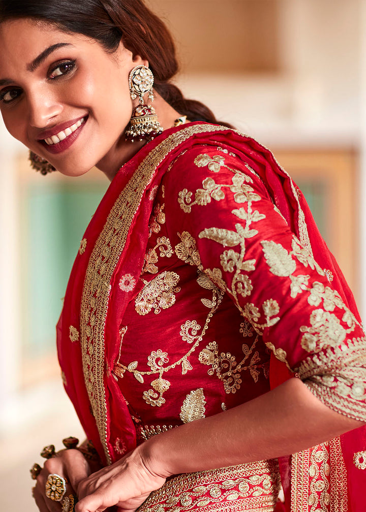 Candy Red Organza Saree with Zari, Sequins & Dori work